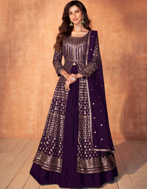 elegant dark purple real georgette designer party wear readymade salwar suit with dark purple real georgette ie-9889 Front View